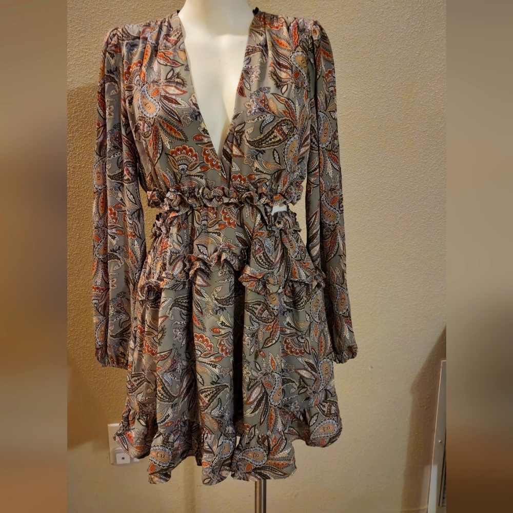 Papaya Sage Green Paisley Cutout Ruffle Dress L